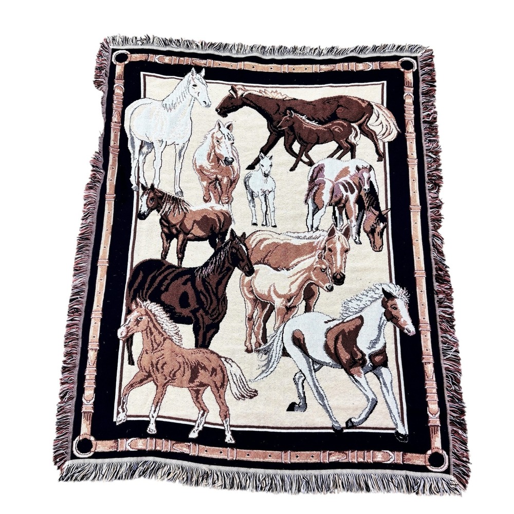Crown Crafts Horse Woven Tapestry Throw Blanket Fringed Cotton Equestrian Decor
